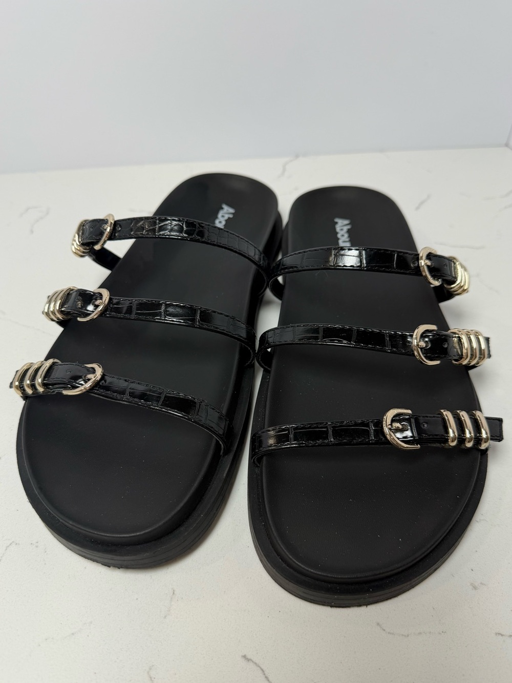 Abound Black Croc-Embossed Triple-Strap Slide Sandals with Gold Buckles